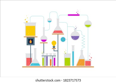 Chemistry education research laboratory equipment. Flat style with long shadows. Modern trendy design. Vector illustration.