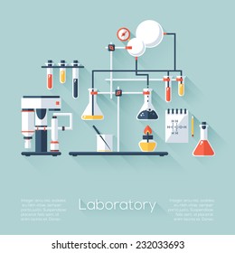 Chemistry education research laboratory equipment. Flat style with long shadows. Modern trendy design. Vector illustration.