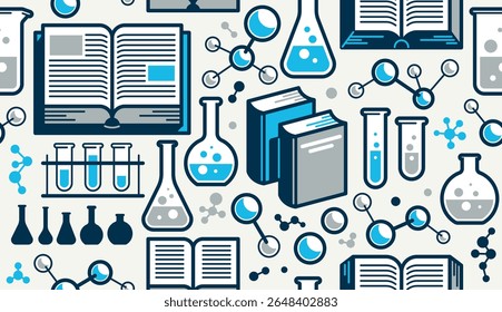 Chemistry education seamless background, chemical laboratory endless pattern with molecules and flasks, repeat wallpaper of science and study theme.