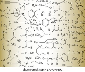 Chemistry educational vector seamless pattern with handwritten chemical formulas and molecular equations
