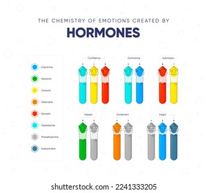 The chemistry of emotions created by hormones. Dependence of the state and mood of the person on hormonal background. Names of hormones and medical flasks filled with hormones. Vector illustration