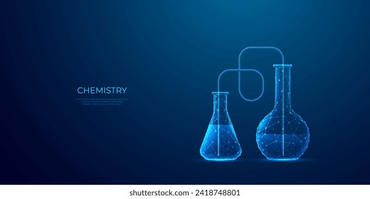 Equipo de química. Resumen de beakers de laboratorio con tubo de gafas. Concepto de ciencia o educación. Tubos de prueba de laboratorio médico en el estilo de alambre poligonal sobre el fondo de la tecnología. Ilustración vectorial.