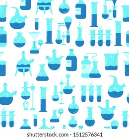 Chemistry equipment seamless pattern background. Science production of chemicals. Laboratory research. Medical tests.