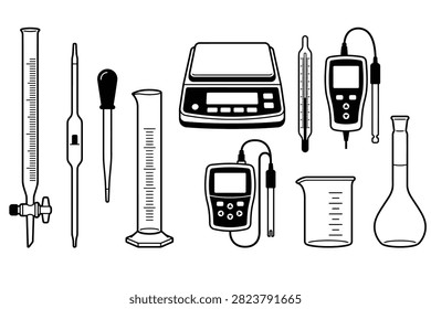 Chemistry equipment set vector science lab equipment flat icon. Black and white line art icons of laboratory glassware including a buret, pipette, digital scale, and pH meter. Perfect for educational posters or scientific diagrams.