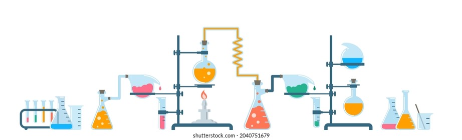 Chemistry equipment. Vector flat illustration. Chemical laboratory instruments and tools. Glass tubes, bottles and flasks with liquid reagents and reactions. Medical research, scientific experiment