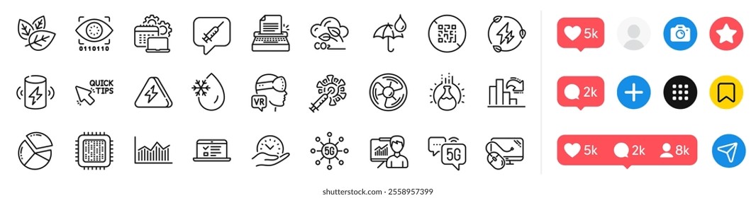 Chemistry experiment, 5g technology and Freezing water line icons pack. Social media icons. Web lectures, Co2 gas, Vaccine message web icon. Vector