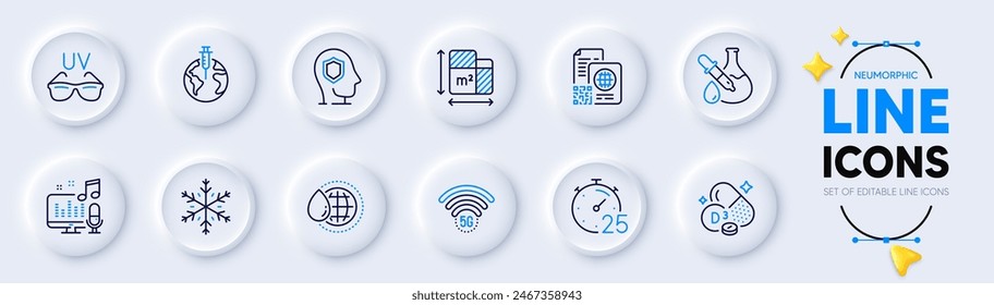 Chemistry experiment, 5g wifi and Qr code line icons for web app. Pack of Cholecalciferol, Sunglasses, Pandemic vaccine pictogram icons. Snowflake, Psychology, Timer signs. Podcast. Vector