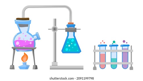 Chemistry experiment. Flasks with chemicals. Laboratory test