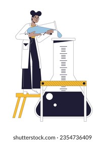 Chemistry experiment flat line concept vector spot illustration. Female scientist pour liquid into flask 2D cartoon outline character on white for web UI design. Editable isolated color hero image