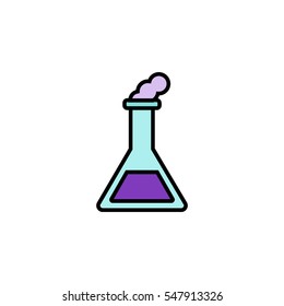 Chemistry experiment flat line icon. Violet liquid in the flask with exploding bubbles