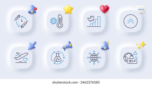 Chemistry experiment, International globe and Medical flight line icons. Buttons with 3d bell, chat speech, cursor. Pack of Vaccination schedule, Thermometer, Growth chart icon. Vector