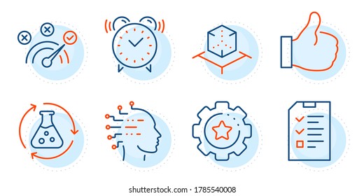 Chemie Experiment, Interview und Ähnliches Zeichen. Bildkorrektes Antwort- und Einstellungszeilensymbole mit erweiterter Realität. Künstliche Intelligenz, Wecker-Symbole. Konzentrierte Symbole Vektorgrafik