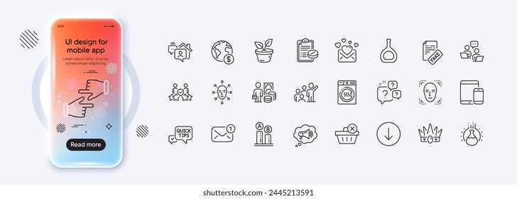 Chemistry experiment, Leadership and Global business line icons for web app. Phone mockup gradient screen. Pack of Click hands, Megaphone, Cognac bottle pictogram icons. Vector