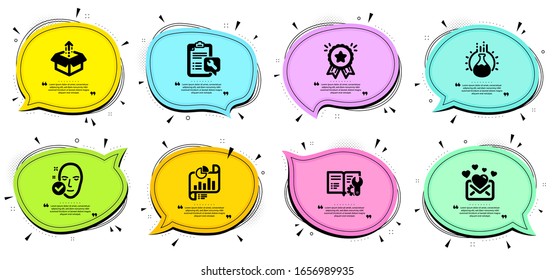 Chemistry experiment, Loyalty award and Health skin signs. Chat bubbles with quotes. Engineering documentation, Love mail and Report document line icons set. Spanner, Send box symbols. Vector