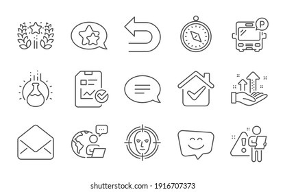 Chemistry experiment, Mail and Ranking line icons set. Face detect, Chat and Analysis graph signs. Star, Bus parking and Report checklist symbols. Undo, Travel compass and Smile face. Vector