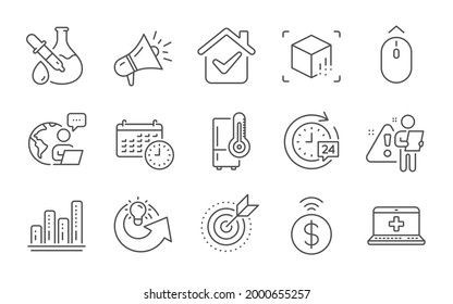 Chemistry experiment, Medical help and Calendar line icons set. Graph chart, Contactless payment and Swipe up signs. 24h delivery, Share idea and Megaphone symbols. Line icons set. Vector