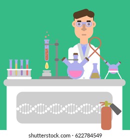 chemistry experiment on the table flat vector illustration.Chemistry classroom. Man in  chemistry laboratory.Chemists scientists equipment.Chemist laboratory workspace.