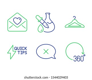 Chemistry experiment, Reject and Love letter line icons set. Quickstart guide, Cloakroom and 360 degrees signs. Laboratory flask, Delete message, Heart. Lightning symbol. Business set. Vector