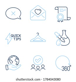 Chemistry experiment, Reject and Love letter line icons set. Diploma certificate, save planet, group of people. Quickstart guide, Cloakroom and 360 degrees signs. Vector