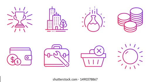 Chemistry experiment, Tool case and Skyscraper buildings line icons set. Delete purchase, Tips and Buying accessory signs. Trophy, Sunny weather symbols. Laboratory flask, Repair service. Vector