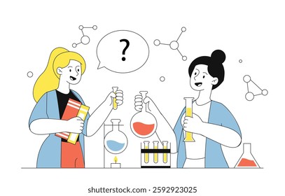 Chemistry experiments in lab. Women in medical uniform with flasks with reagents. Scientific and chemical research of substance and reagent. Linear vector illustration