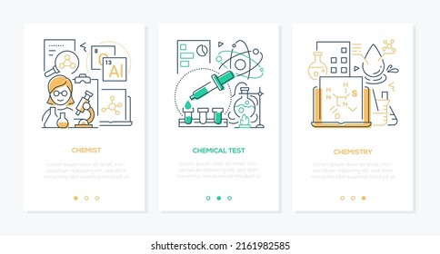 Chemie und Experimente - Line Design Banner mit Platz für Text. Wissenschaft, Labortests, Röhren, Reagenzien, Mikroskop, Atom, DNA-Kette, chemische Reaktionen Forschung und Innovation Idee