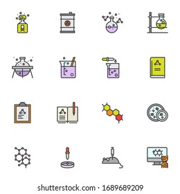 Chemistry filled outline icons set, line vector symbol collection, Laboratory research linear colorful pictogram pack. Signs, logo illustration, Set includes icons as virus petri dish, chemical test 