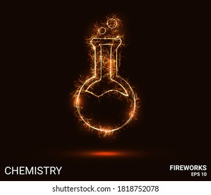 The chemistry of fireworks. A chemical flask consists of sparks and fire. Festive bright fireworks. Decorative element for celebrations and holidays. Vector illustration.