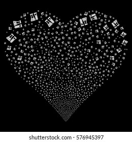 Chemistry fireworks with heart shape. Vector illustration style is flat white iconic symbols on a black background. Object heart constructed from random icons.