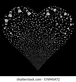 Chemistry fireworks with heart shape. Vector illustration style is flat white iconic symbols on a black background. Object stream organized from scattered symbols.
