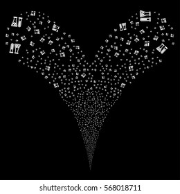 Chemistry fireworks stream. Vector illustration style is flat white iconic symbols on a black background. Object double fountain made from random symbols.