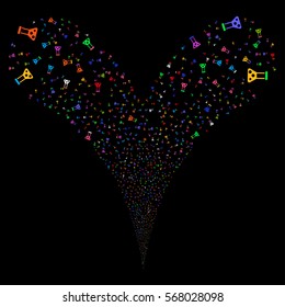 Chemistry fireworks stream. Vector illustration style is flat bright multicolored iconic symbols on a black background. Object double fountain made from random design elements.