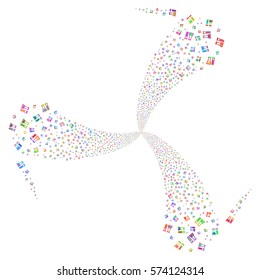 Chemistry fireworks swirl rotation. Vector illustration style is flat bright multicolored iconic symbols on a white background. Object twirl combined from random symbols.