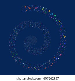 Chemistry fireworks whirlpool spiral. Vector illustration style is flat bright multicolored scattered symbols. Object helix made from random symbols.