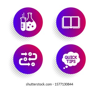 Chemistry flask, Book and Survey progress icons simple set. Halftone dots button. Quick tips sign. Laboratory, E-learning course, Algorithm. Helpful tricks. Education set. Vector