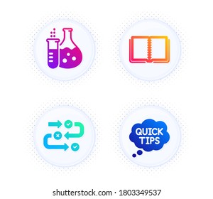 Chemische Flasche, Buch und Survey Fortschritte Symbole einfache Set. Taste mit halftonischen Punkten. Schnelltipps-Schild. Laboratorium, E-Learning-Kurs, Algorithmus. Hilfreiche Tricks. Bildungsstand. Vektorgrafik