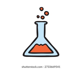Chemistry flask with bubbles, playful school doodle, colorful, hand drawn. Vector illustration.