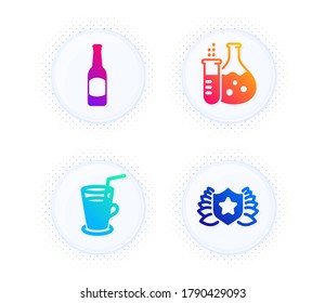 Chemistry flask, Cocktail and Beer icons simple set. Button with halftone dots. Laureate sign. Laboratory, Fresh beverage, Bar drink. Award shield. Business set. Vector