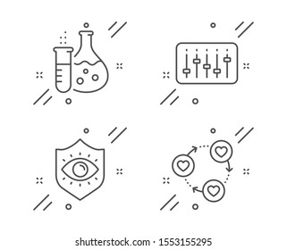 Chemistry flask, Dj controller and Eye protection line icons set. Friends community sign. Laboratory, Musical device, Optometry. Love. Line chemistry flask outline icon. Vector