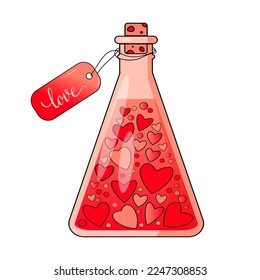 Chemistry flask with hearts and love poison valentines day icon isolated on white background. Flat design cartoon style vector illustration.