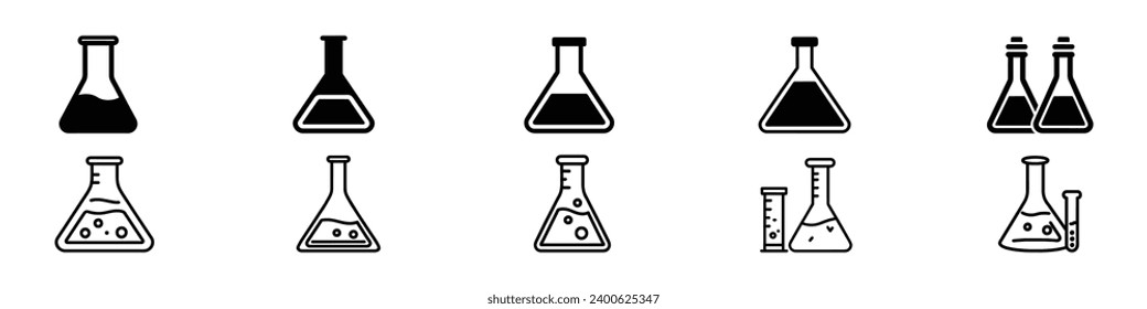 Chemistry flask icon. Chemistry beakers with Erlenmeyer flask , Chemical test tube. Glass tube. Glass container. Flask of poison. Test tube icon. Chemistry lab flask, science symbol.