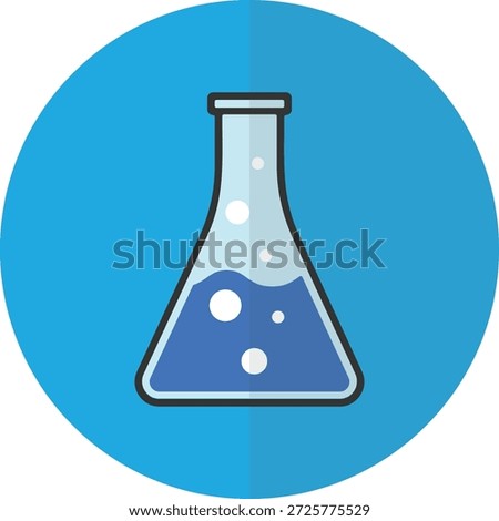 Chemistry Flask Icon in Blue Circle Flat Vector Illustration. Flat vector illustration of a chemistry laboratory flask with liquid and bubbles inside, placed in a blue circular background. Clean and modern science icon suitable for education, research, laboratory, medical, UI design, apps, and web interfaces.