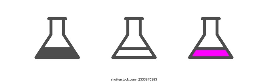 Chemistry flask icon set isolated on white background. Science, glassware symbol. Experiment, laboratory, biotechnology, test tube, beaker. Flat design for web UI. Vector illustration.