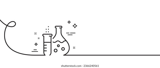 Icono de la línea del matraz de química. Una línea continua con curl. Signo de tubo de laboratorio. Símbolo de laboratorio de análisis. Cinta de contorno simple del matraz de química. Patrón de curva de bucle. Vector