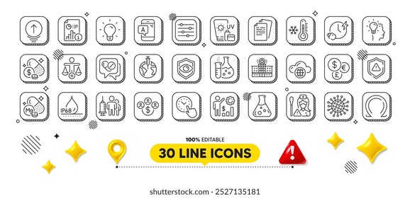 Frasco de química, medicamentos médicos y paquete de iconos de la línea de coronavirus. Elementos de diseño 3D. Tiempo de carga, Compra de divisas, Icono de Web patrimonial de los empleados. Vector