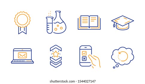 Chemistry flask, Mobile survey and E-mail line icons set. Shoulder strap, Education and Graduation cap signs. Reward, Recovery data symbols. Laboratory, Phone quiz test. Education set. Vector