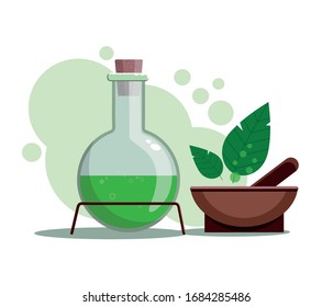 Chemistry flask, mortar and pestle with leaves isolated on white. Herbal medicine. Vector 