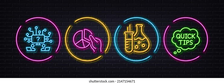 Matraz de química, gráfico circular y preguntas de trabajo en equipo iconos de línea mínimos. Luces 3d láser neón. Iconos de consejos rápidos. Para web, aplicación, impresión. Laboratorio, Gráfica de presentación, Trabajo a distancia. Vector