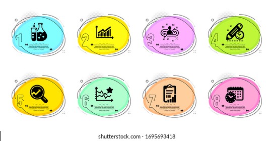 Matraz de química, fecha límite del proyecto y carteles de Analytics. Infografía de la línea de tiempo. Selección, clasificación de estrellas e iconos de línea Graph. Lista de comprobación, símbolos de hora del calendario. Vector