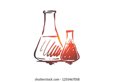 Chemistry, flask, science, laboratory, glass concept. Hand drawn laboratory flasks with liquid concept sketch. Isolated vector illustration.